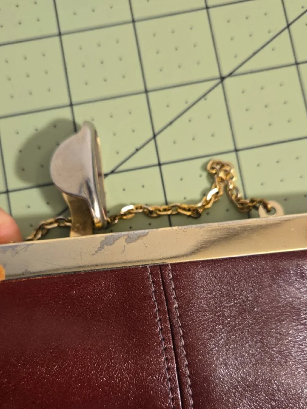 Vintage Etra Burgundy Leather Pop Open Clutch with Gold Chain